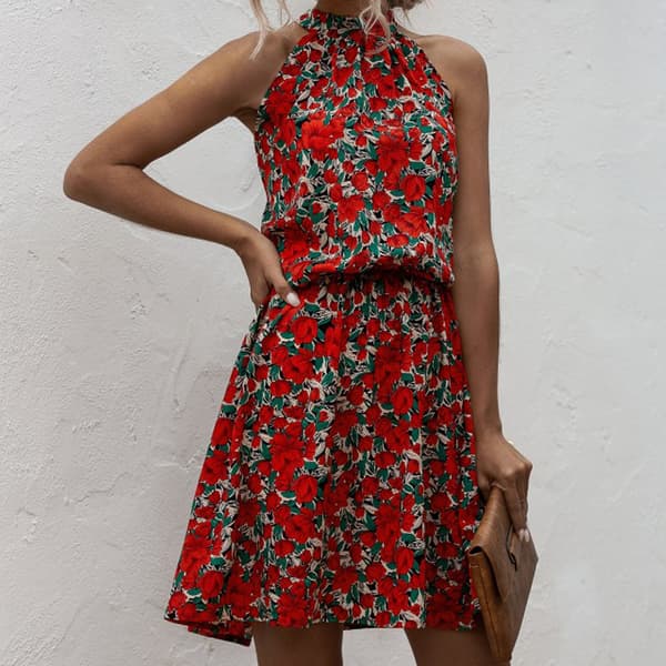 Halterneck Kvinnor A-line Print Klänning Red XL