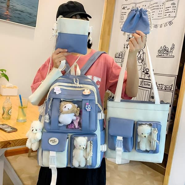 Canvas skoletaske Combo Set, Kawaii Girl Student Skoletaske blå blue