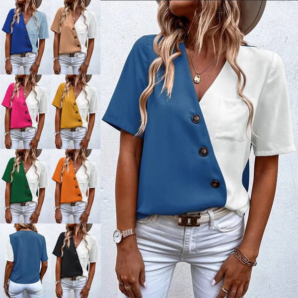 Kvinner Button Down Chiffon Skjorter Lommer Sommer Topper Blue L