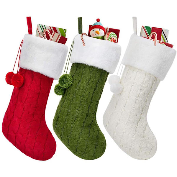 3 st juldekorationer Tjocka Vita Ullstrumpor Stickad Ull Hotell Hemma Julstrumpor 18*40*22cm