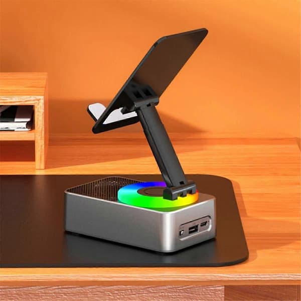 3-i-1 Mobiltelefonholder, Lyd Power Bank, Bluetooth Samtalehøyttaler, Multifunksjonell Sammenleggbar Roterende Skrivebord, Grå
