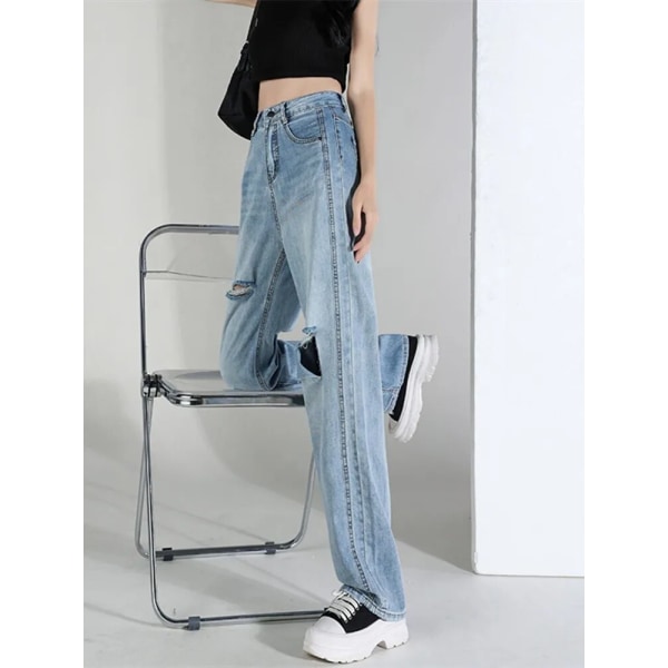 FINORD Mode Vintage tvättad Casual Streetwear Rippade jeans Stort hål Hög midja jeans Dam Streetwear Koreanska lösa jeans Blue XL