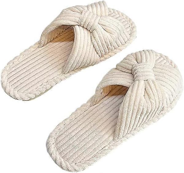 1 par kvinders mode sløjfe slip-on hjemmesko bløde fleece letvægts indendørs udendørs sko, råhvid, EU40