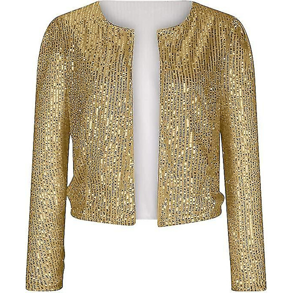 Dame Pailletjakke Åben Front Jakke Party Jul Pufærme Glitrende Frakker Gold XL