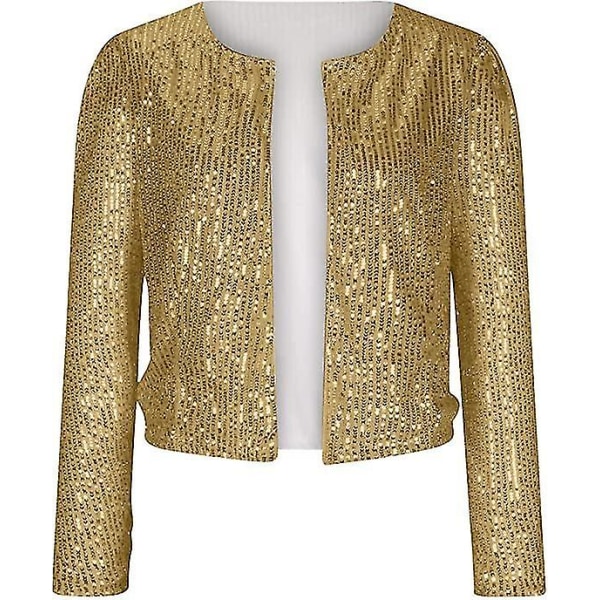Kvinder Pailletjakke Åben Front Jakke Party Jul Puff Ærme Sparkly Frakker Gold S