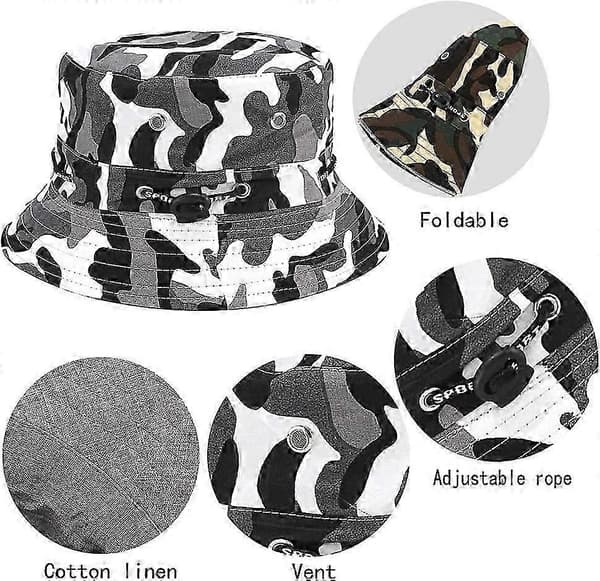 Solkasket med bred skygge med hagerem, sidetrykknapper og ventilationsåbninger (hvid camouflage)