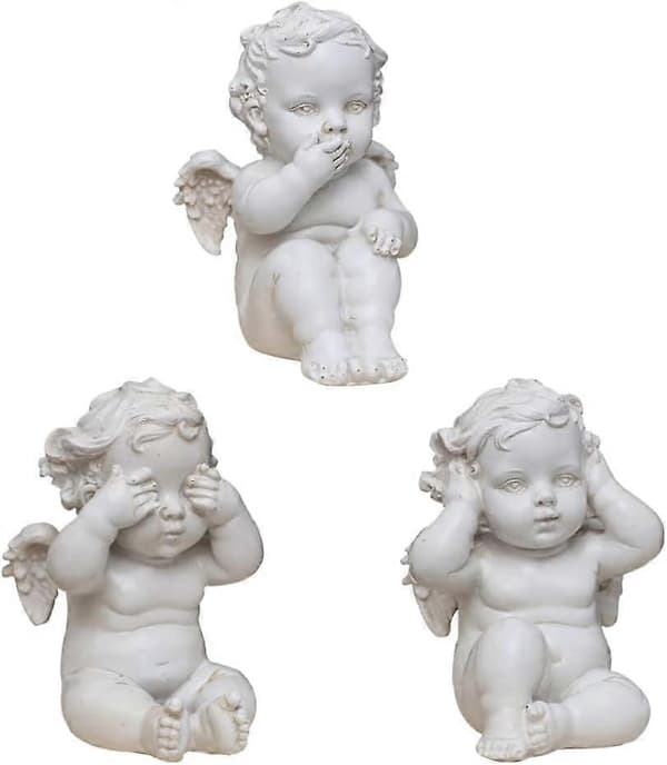 3 stk Vis engelstatue i harpiks, ser intet ondt, hører intet ondt, sier intet ondt