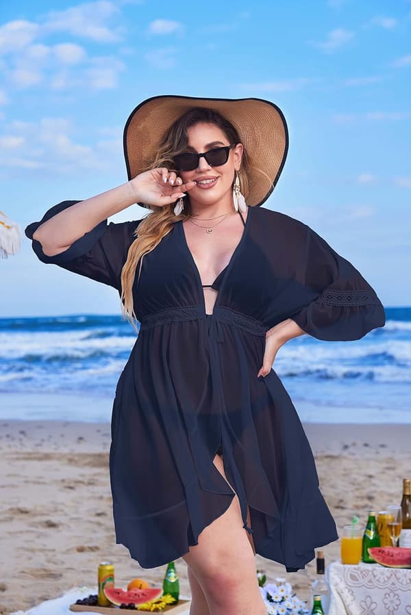 Badedragt i Plus Size Dame Cover Up Flæse Cardigan