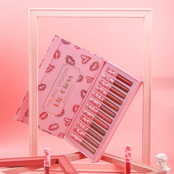 12 stk Damemote sett matt non-stick kopp Langvarig vanntett fløyel fuktighetsgivende lipgloss