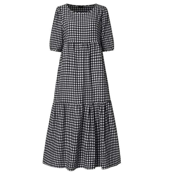 Dam sommarpläd Puffy kortärmad midiklänning Black,4XL