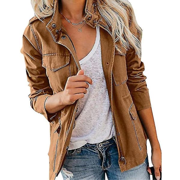 Damjacka med tryckknappar Streetwear Höstrock ångärmad Utility Jackor Brown L