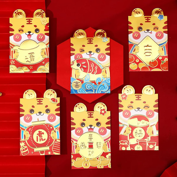 Kinesiska röda kuvert Hongbao 6 st Lucky Money Kuvert, Röd Pocket Tecknad Tiger Mönster Fickkuvert för nyår Bröllop A Large