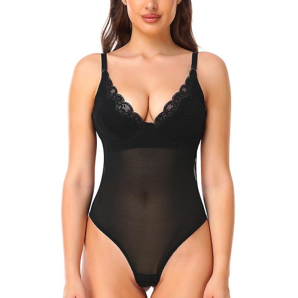 Spetsbody för kvinnor Magkontroll Shapewear V-ringad rygglös kamisole ärmlös smalare toppar black 2XL