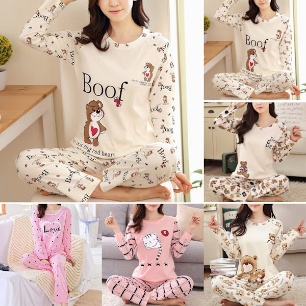 Langærmet pyjamas til kvinder, 2-delt bukse-sæt til kvinder Sæt long tail cat 2XL
