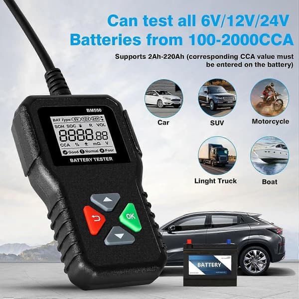 Bilbatteritester, BM550 Bilbatteritester 6V 12V 24V Batteritester med Spændingstest 100 til 2000 CCA Batterianalysator til Bil Lastbil