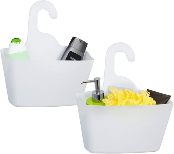 2 vita duschkorgar i plast för hängande förvaring för hemmet med krok