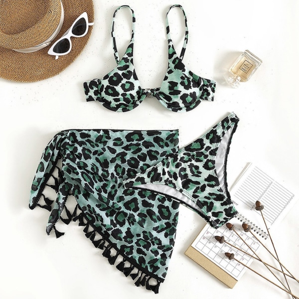 Tredelad kvinnlig printed mjuk väska Bikini knuten dam exig baddräkt trandkläder Perspektiv Populära delade badkläder Green S