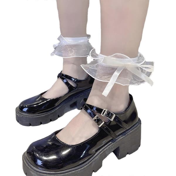 Kvinder Søde Puffy Flæse Ankelstrømper Lolita Sløjfe Glasfiber Mesh Strømper