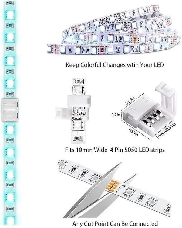 LED-stripe-koblinger, 10 mm ledningsfrie 4-pinners 5050 RGB LED-stripesett med koblinger, 12 sømløse koblinger