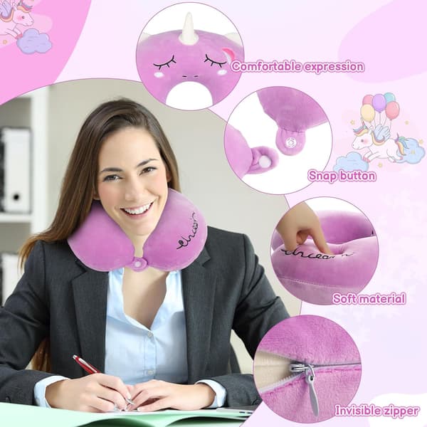 Resekudde för barn, Söt enhörning nackkudde Memory Foam Nackstöd Kudde Bärbar U-formad kudde för bil Purple