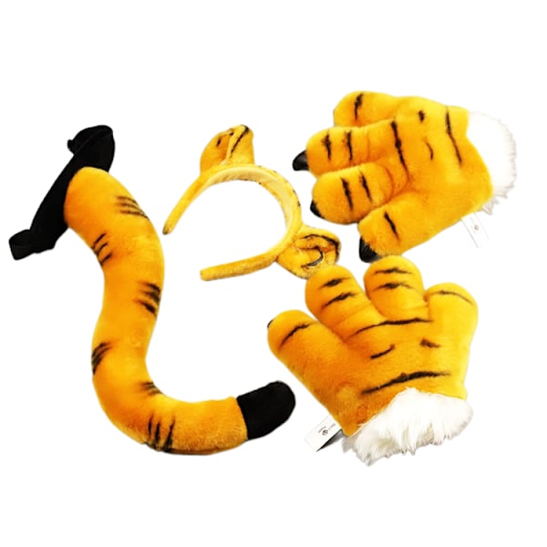 Tiger Tail Clip Ører og hansker Sett, Halloween Fancy Party Cosplay Kostyme Leker Yellow Tiger