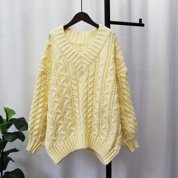 Damstickad Höst Vinter Tröja Förtjockad V-ringad Twist Pullover Lös Mjuk Topp Yellow Average size