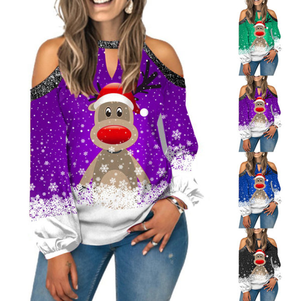 Ny langermet V-hals bluse med trykk for kvinner Purple XL