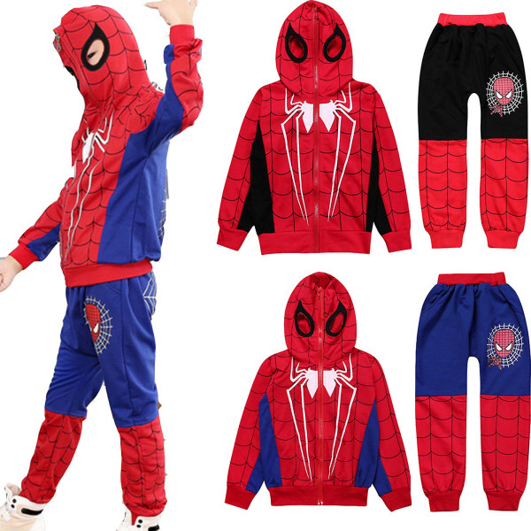 Pojat Hämähäkkimies Cosplay Puku Verryttelypuku Setti Täysi Vetoketjullinen Hupparitakki Takki Housut Lapset Halloween Asu 7-8 Vuotta Blue 8-9 Years