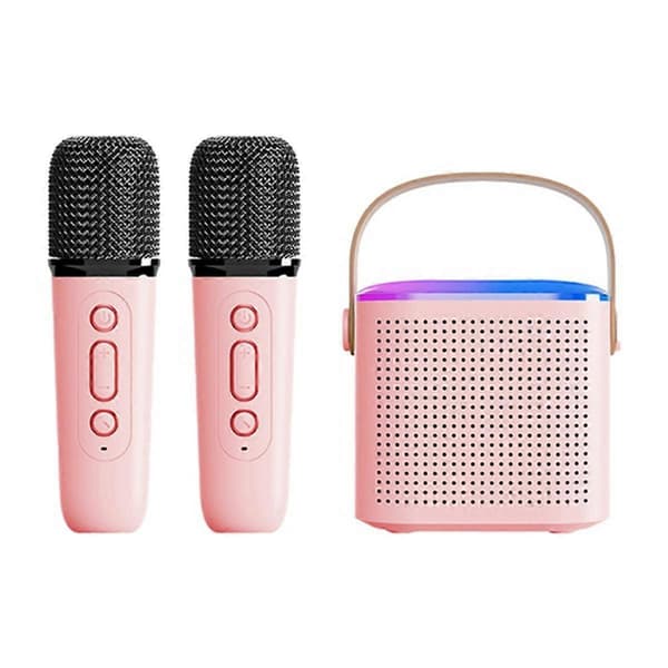 Bärbart Bluetooth 5.3 högtalarsystem med 2 trådlösa mikrofoner Hemmasånghögtalare Rosa