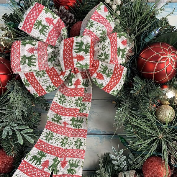 Röd Vit Grön Fair Isle Christmas Bow - 10" bred, 18", julgranstopper