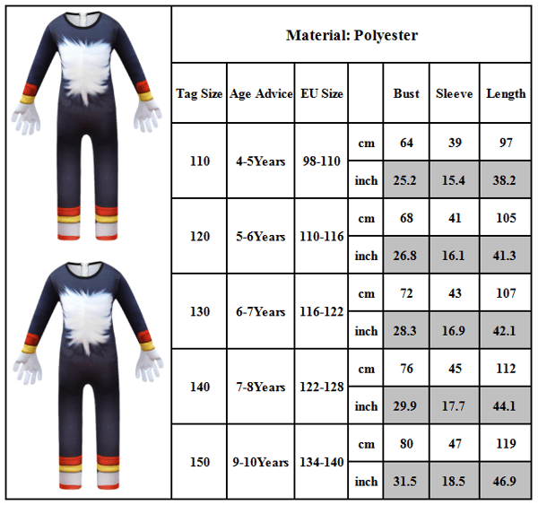 Sonic The Hedgehog Cosplay Halloween-klær for barn Gutter Jenter Shadow Jumpsuit + Mask 9-10 år = EU 134-140