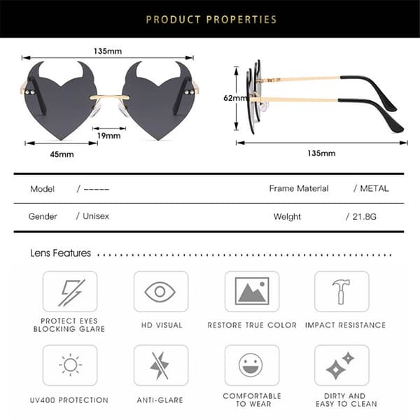 Kehyksettömät Devil Ear Heart Shape -aurinkolasit Party Halloween Cosplay -lasit black