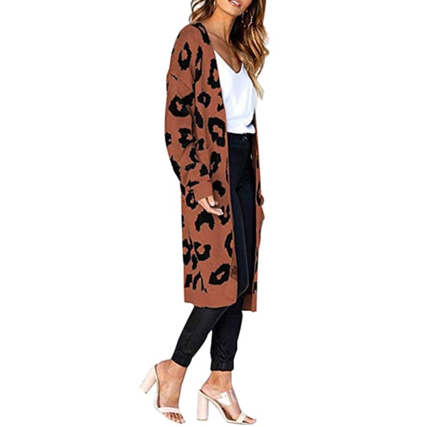 Dam Långärmad Öppen Front Leopard Stickad axi Cardigan Sweater Coffee M