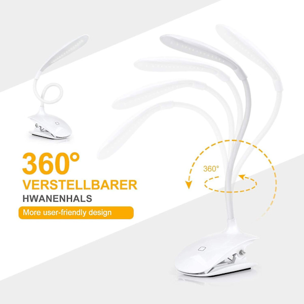 Led-bokleselampe - Oppladbar skrivebordslampe med USB-kabel, 3 lysstyrker å velge mellom - hvit