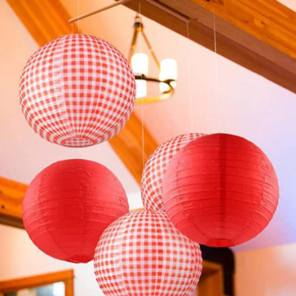 5 styk papirlanterner dekorative runde kinesiske hængende lanterne Let at samle til bryllup Baby fødselsdagsfest lampeskærm Red plaid
