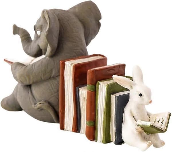 Statue af elefant og kanin, der læser i harpiks, indendørs og udendørs
