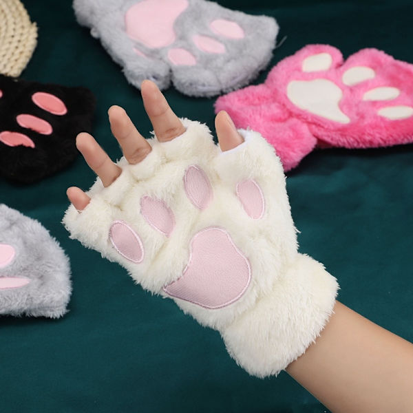 Nya Vinterhandskar Kvinnor Björn Plysch Katt Tafs Klo Handskar Söt kattunge Fingerless vantar Jul Halloween för flickor Presenthandskar White
