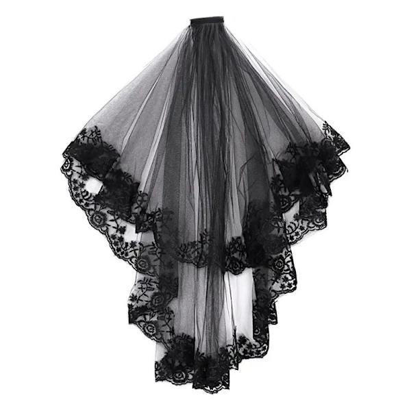 Musta hääverho Halloween kaksoiskerroksinen hääverho hiuskammalla Koristeelliset häätarvikkeet Häänauha Elegantti tylli Pitsi Cosplay Kostyymipuku