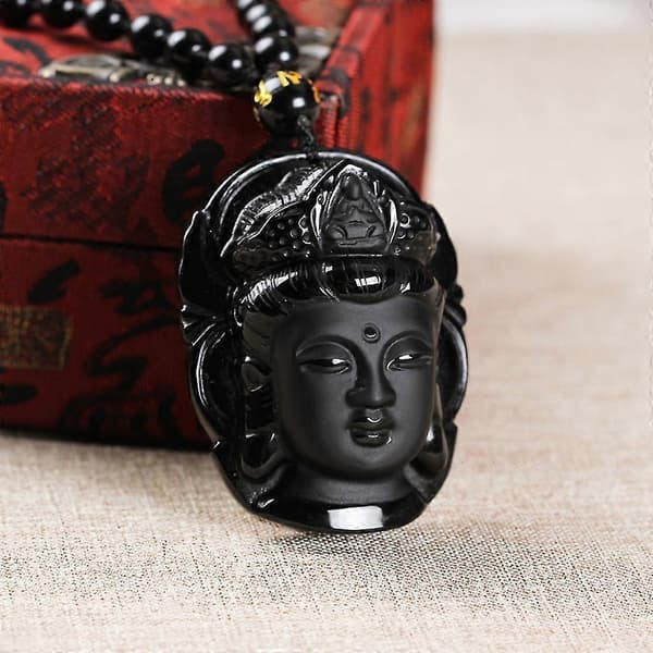 Naturlig Obsidian Anheng Buddha Amitabha Buddha Hode Anheng Halskjede