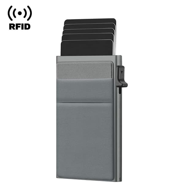 #Side Push Metallkortveske - Grå, Aluminiumslegering Kortveske med RF#