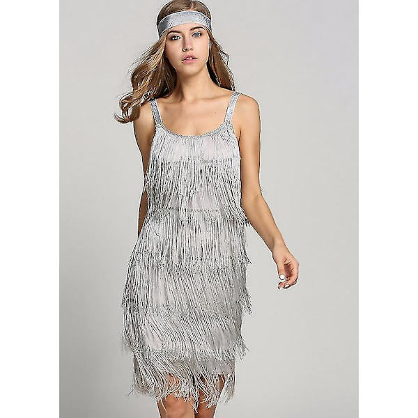 Fantastisk Gatsby Flapper Klänning 1920-talsfest Vintage Tofs Damfransar Grey M