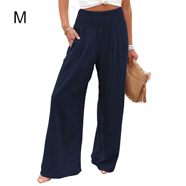 Kvinnliga sommarbyxor Fickor Lösa Casual Wide Leg Lounge Dark Blue M
