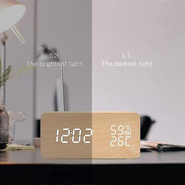 Herätyskello Digitaalinen Pöytäkello LED Päivämäärä Kosteus Lämpötila Puu