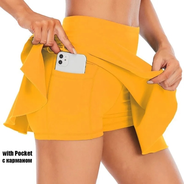 Cloud Hide Tenniskjolar Dam Sport Golf Plisserad kjol Fitness Shorts Hög midja Atletisk Snabbtorka Löpning Kort Sport Skort YellowPocket XL