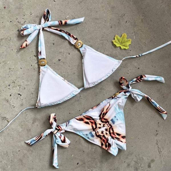 Kvinnlig Sommar Sexig Bikini Set Grimma för Rhinestone för Triangel BH Sidoband Bandage Bottnar Baddräkt Enfärgad Leopard Smycken Baddräkt Green M