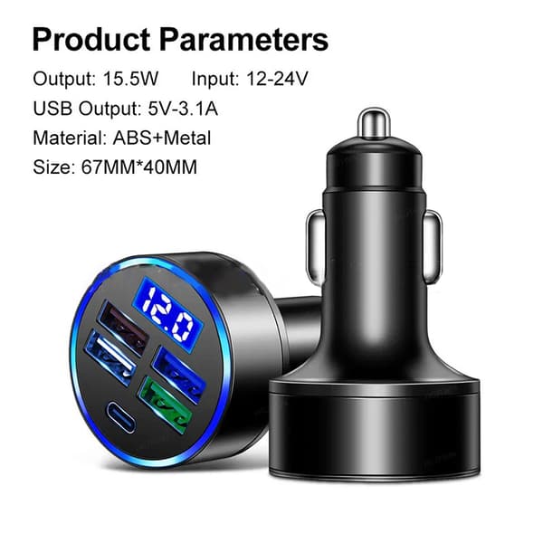 Digital Display Billaddare 4USB 66WPD Laddare Hurtiglader A
