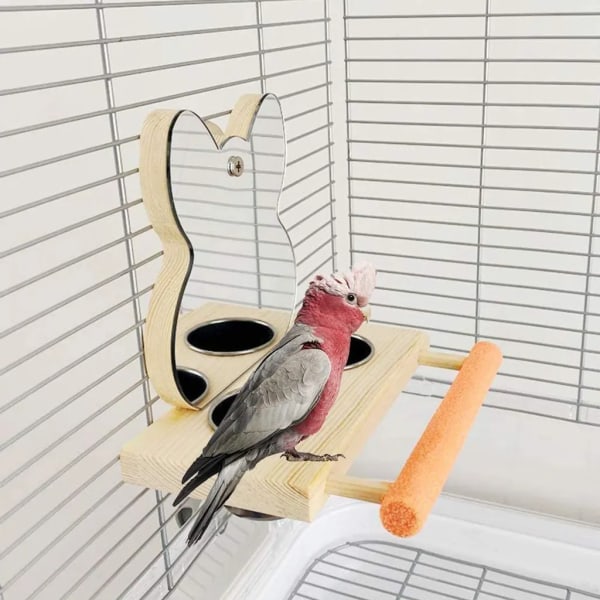 Fågelställ med spegel och skål i rostfritt stål Träfågelbur Leksak Papegoja undulat Finch Lovebird afrikansk grå arabur Träleksak