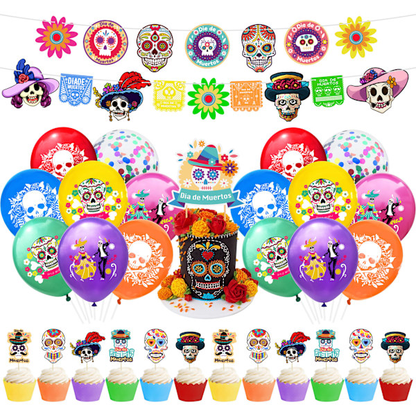 2-PACK Mexikansk Day of the Dead Animal Skull Ballong Flagga Flagga Day of the Dead Dekorationstillbehör för Halloweenfest cake insert set