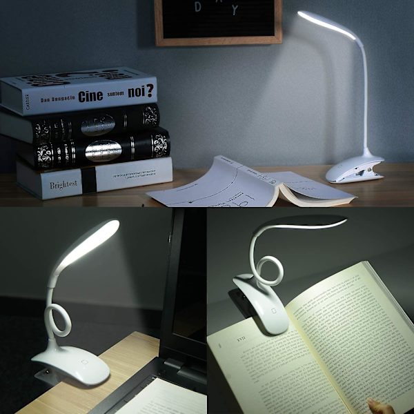 Led-bokleselampe - Oppladbar skrivebordslampe med USB-kabel, 3 lysstyrker å velge mellom - hvit