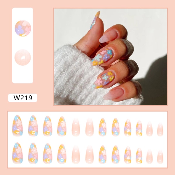 24-pack kort mandelsticka på naglar, naken konstgjord blommais